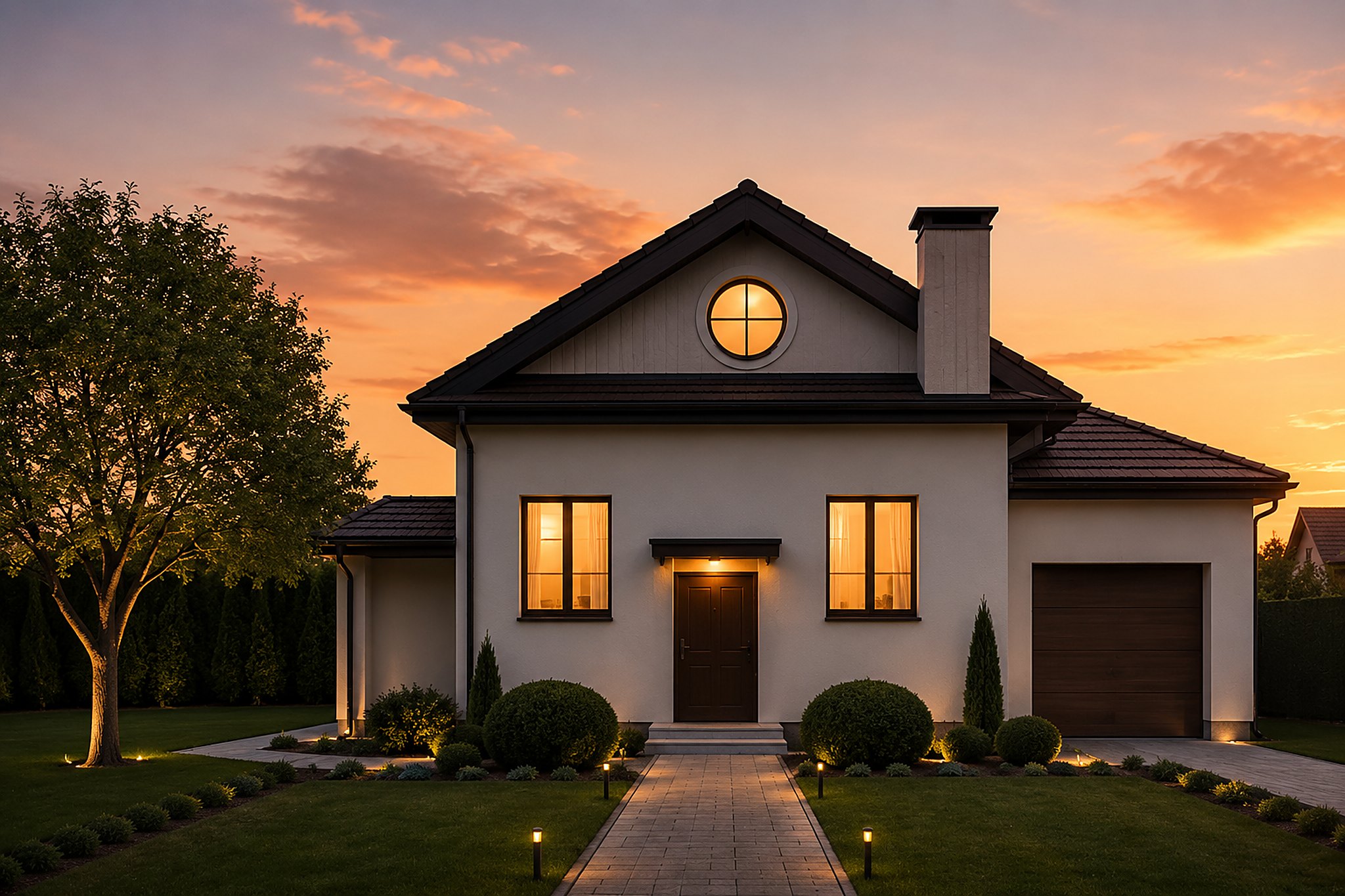 A Wellspring member home at golden hour — one window already warm