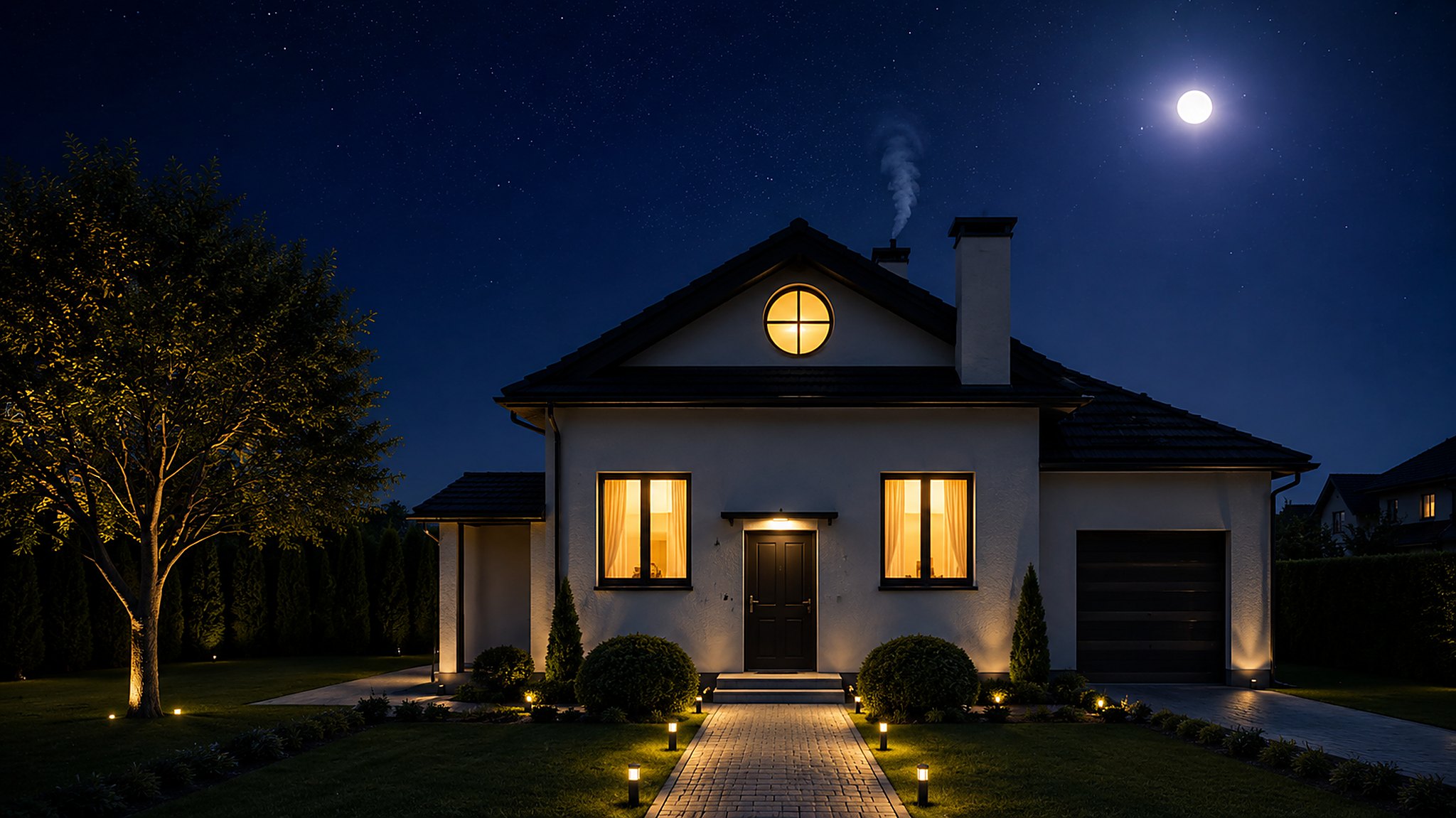 The same home at night — windows lit, chimney smoke rising, everything calm